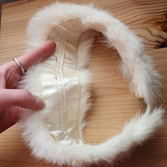 VINTAGE white fur headband satin lined stretch headband snow bunny apres ski - Picture 11 of 11